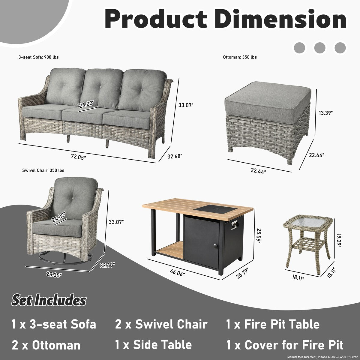 HOOOWOOO Set di mobili da giardino girevoli con schienale alto in vimini da 7 pezzi e braciere