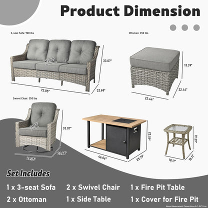 HOOOWOOO Set di mobili da giardino girevoli con schienale alto in vimini da 7 pezzi e braciere