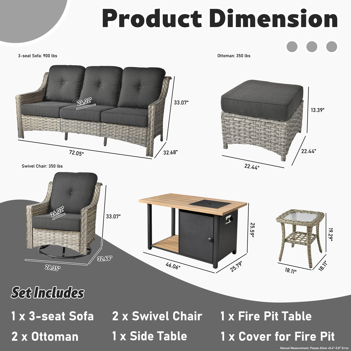 HOOOWOOO Set di mobili da giardino girevoli con schienale alto in vimini da 7 pezzi e braciere