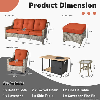 HOOOWOOO Set di mobili da giardino girevoli con schienale alto in vimini da 7 pezzi e braciere