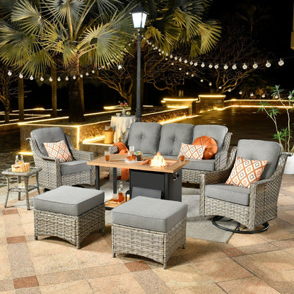 HOOOWOOO Set di mobili da giardino girevoli con schienale alto in vimini da 7 pezzi e braciere