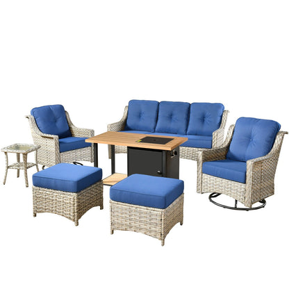 HOOOWOOO Set di mobili da giardino girevoli con schienale alto in vimini da 7 pezzi e braciere