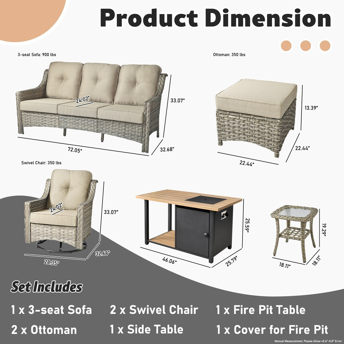 HOOOWOOO Set di mobili da giardino girevoli con schienale alto in vimini da 7 pezzi e braciere