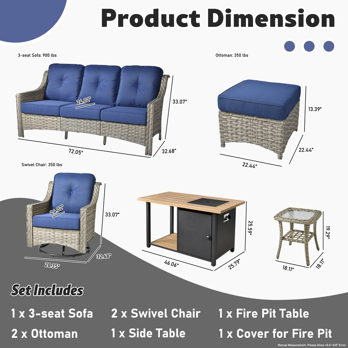 HOOOWOOO Set di mobili da giardino girevoli con schienale alto in vimini da 7 pezzi e braciere