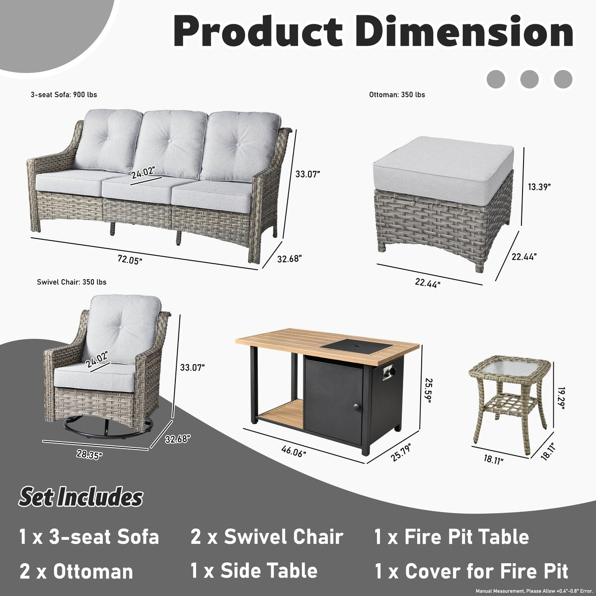 HOOOWOOO Set di mobili da giardino girevoli con schienale alto in vimini da 7 pezzi e braciere