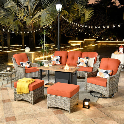 HOOOWOOO Set di mobili da giardino girevoli con schienale alto in vimini da 7 pezzi e braciere