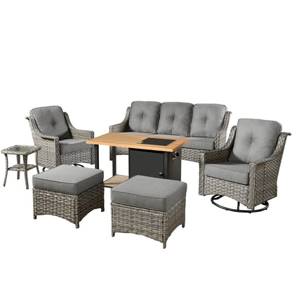 HOOOWOOO Set di mobili da giardino girevoli con schienale alto in vimini da 7 pezzi e braciere
