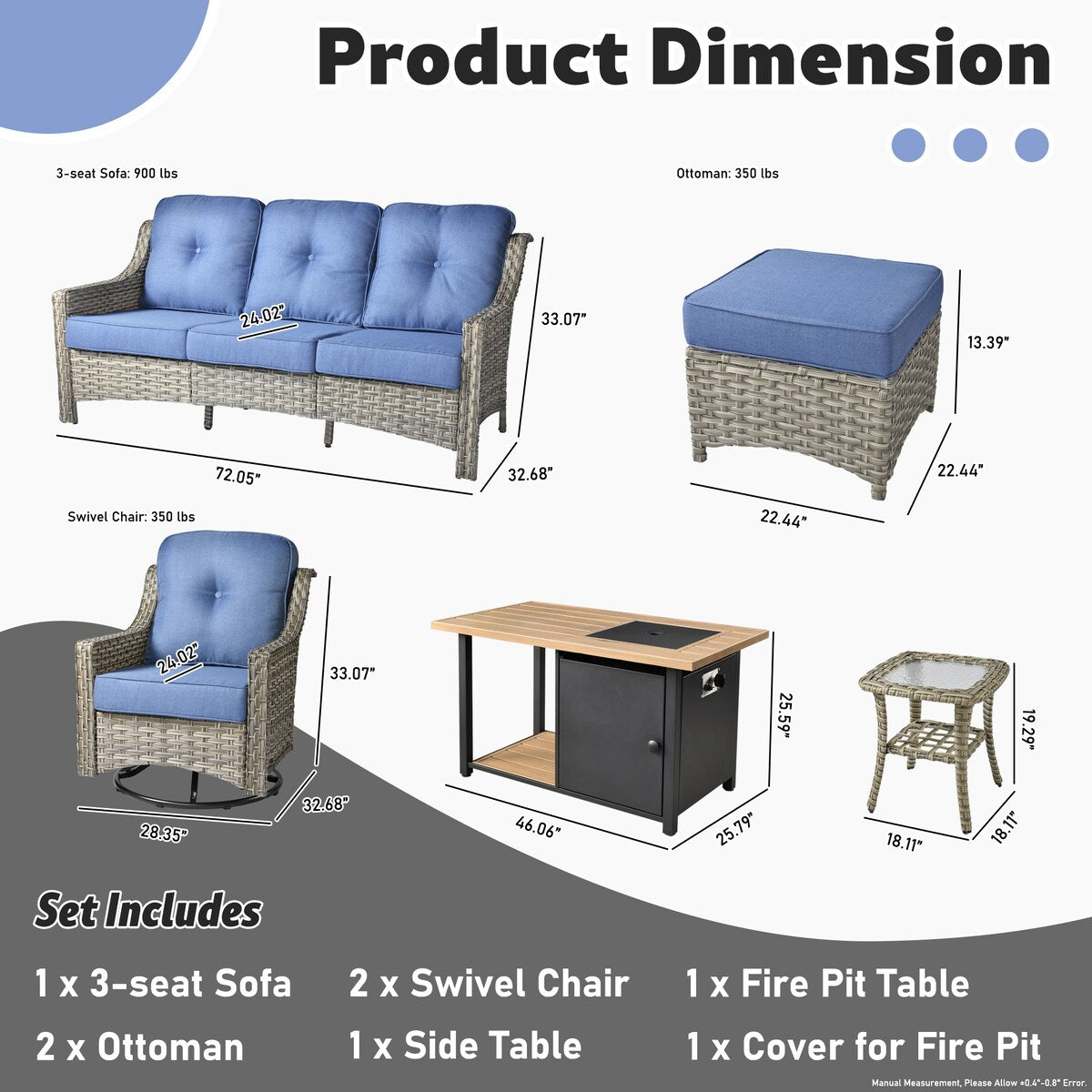 HOOOWOOO Set di mobili da giardino girevoli con schienale alto in vimini da 7 pezzi e braciere