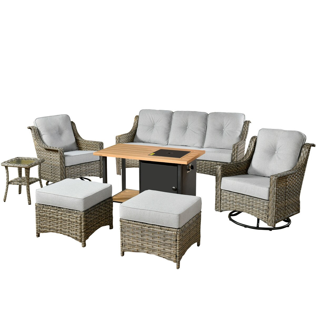HOOOWOOO Set di mobili da giardino girevoli con schienale alto in vimini da 7 pezzi e braciere