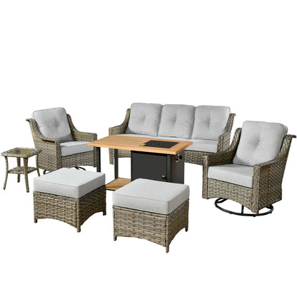 HOOOWOOO Set di mobili da giardino girevoli con schienale alto in vimini da 7 pezzi e braciere