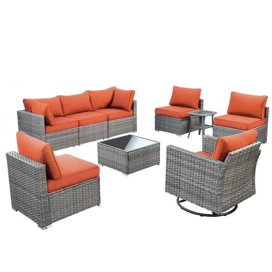 HOOOWOOO Set da esterno componibile in vimini grigio da 9 pezzi con sedia a dondolo girevole