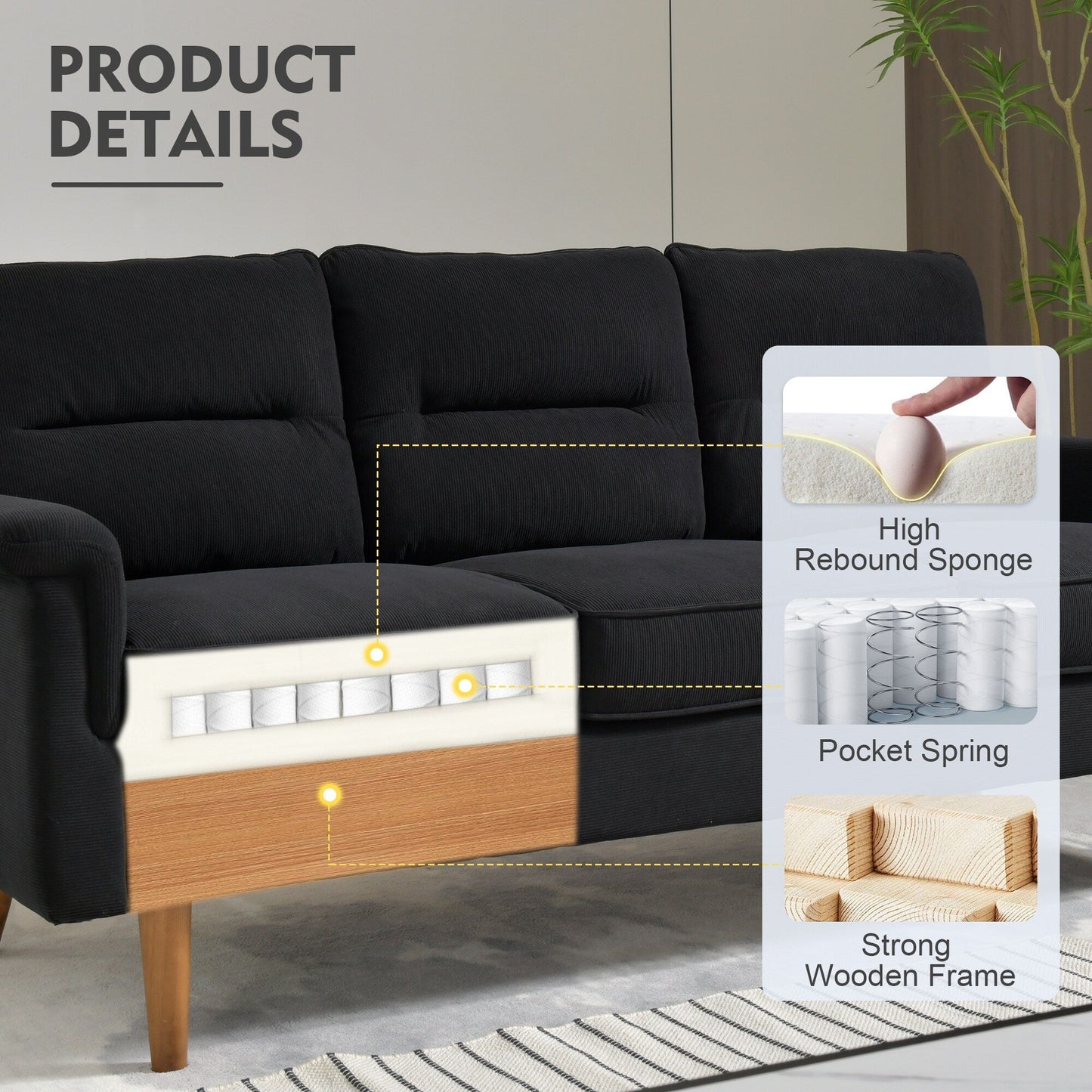 HOOOWOOO Mobili per soggiorno 71 Divano moderno imbottito in tessuto a 3 posti