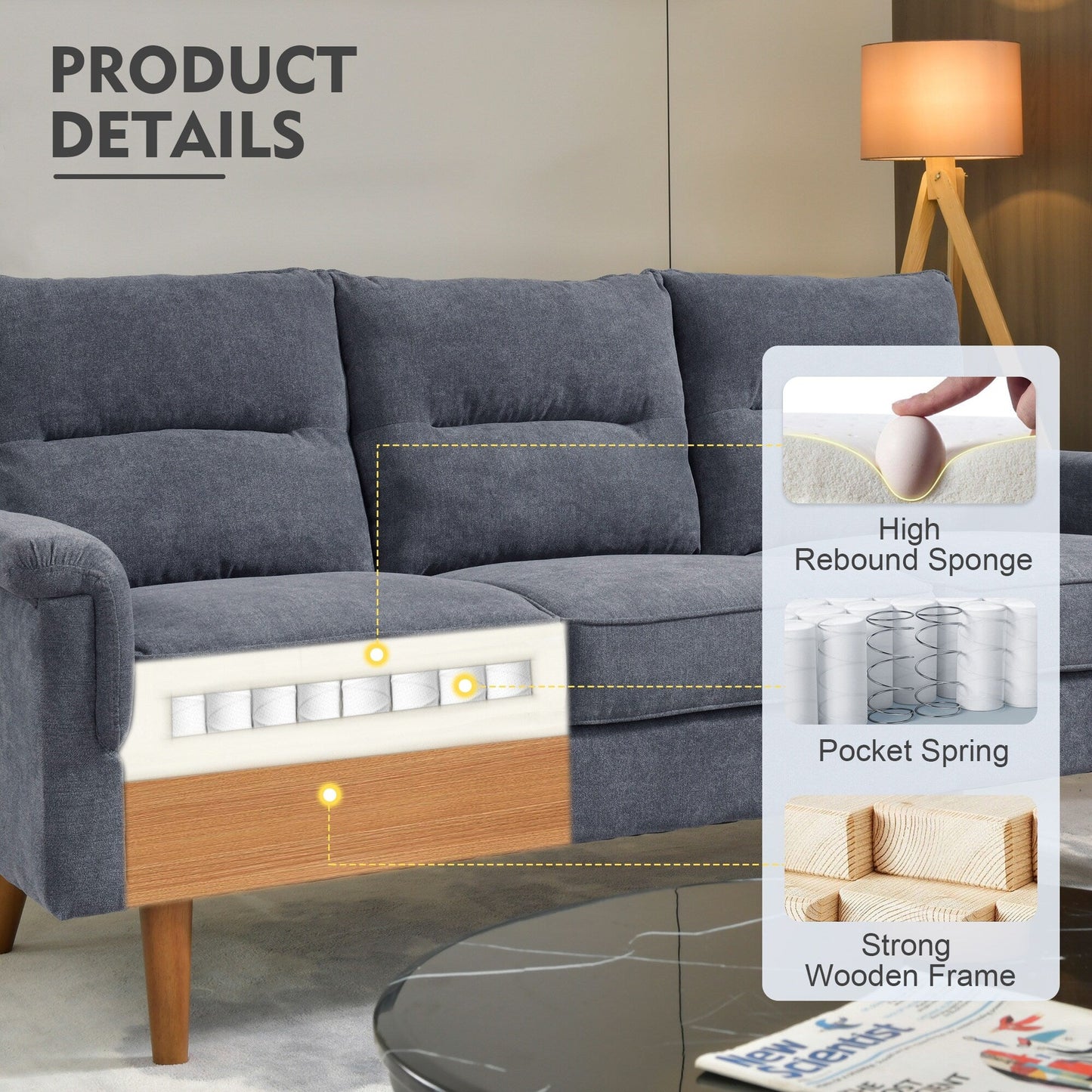 HOOOWOOO Mobili per soggiorno 71 Divano moderno imbottito in tessuto a 3 posti