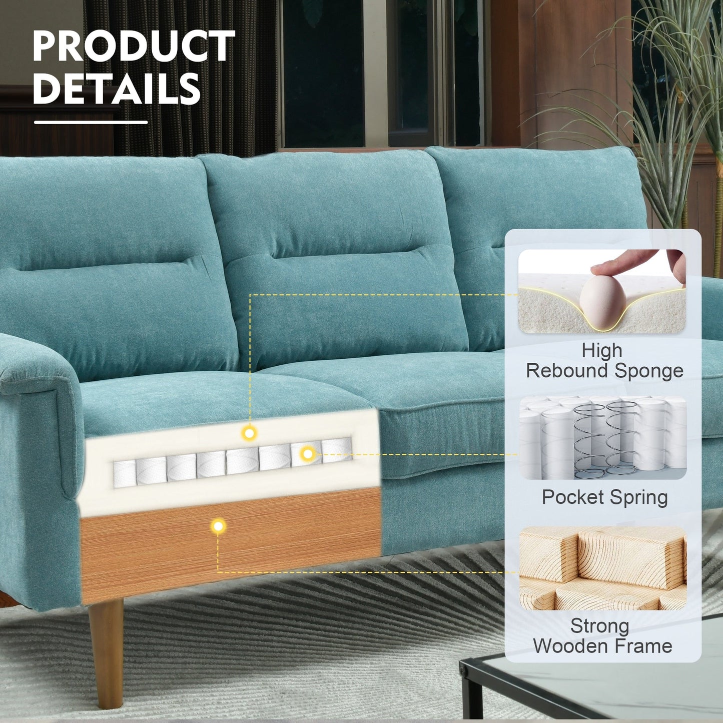 HOOOWOOO Mobili per soggiorno 71 Divano moderno imbottito in tessuto a 3 posti