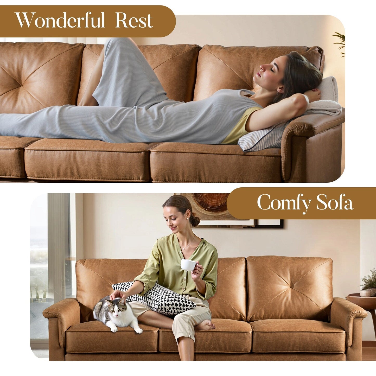 Divano imbottito HOOOWOOO Mid-Century a 3 posti con gambe in legno per soggiorno