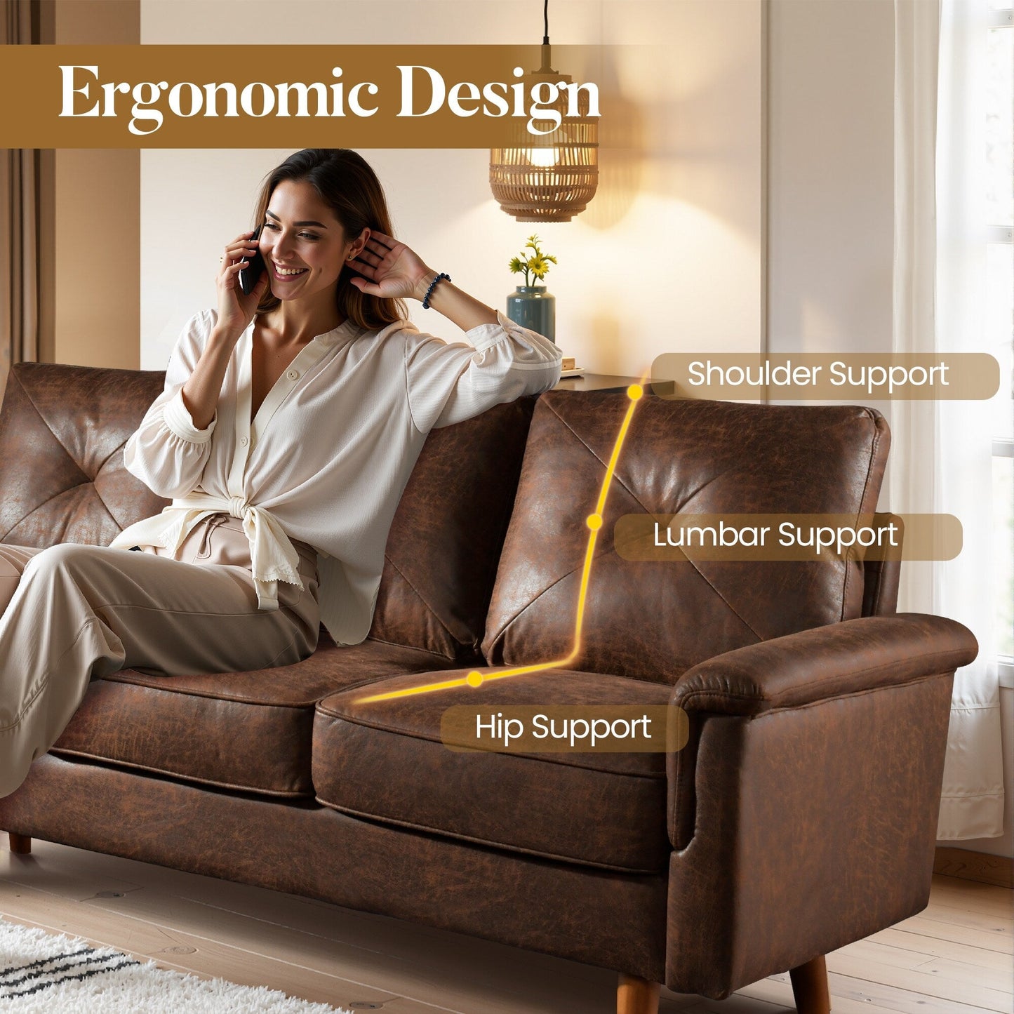 Divano imbottito HOOOWOOO Mid-Century a 3 posti con gambe in legno per soggiorno