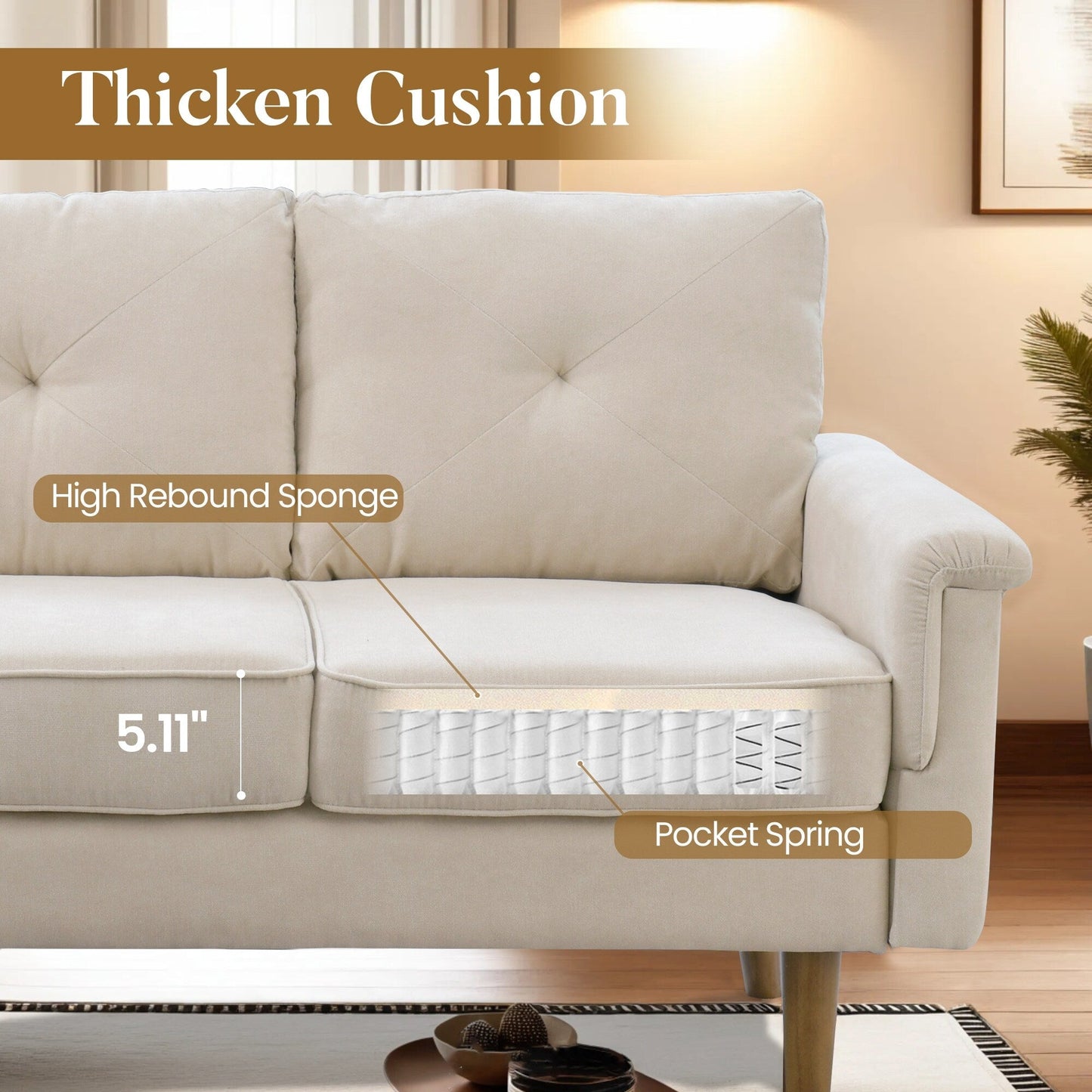 Divano imbottito HOOOWOOO Mid-Century a 3 posti con gambe in legno per soggiorno