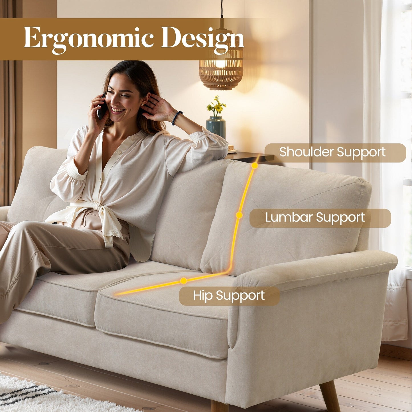 Divano imbottito HOOOWOOO Mid-Century a 3 posti con gambe in legno per soggiorno