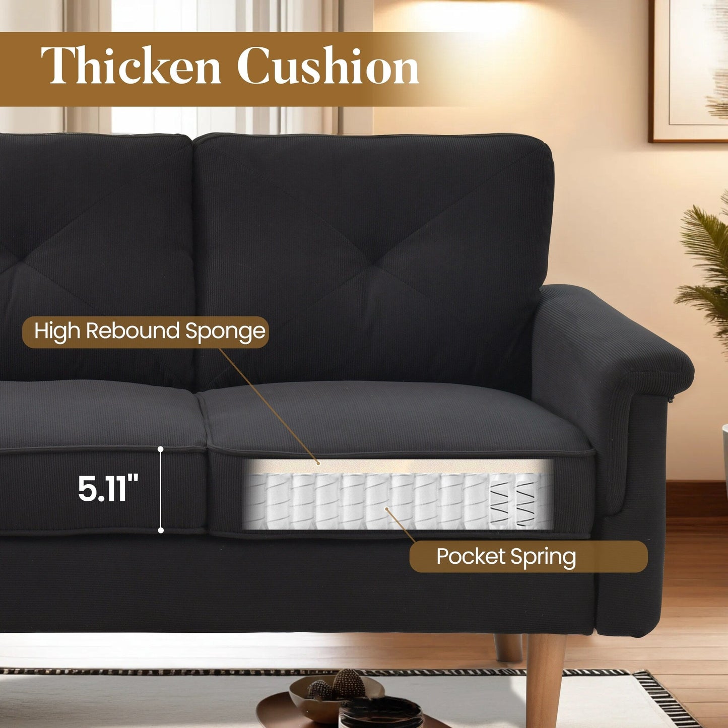 Divano imbottito HOOOWOOO Mid-Century a 3 posti con gambe in legno per soggiorno