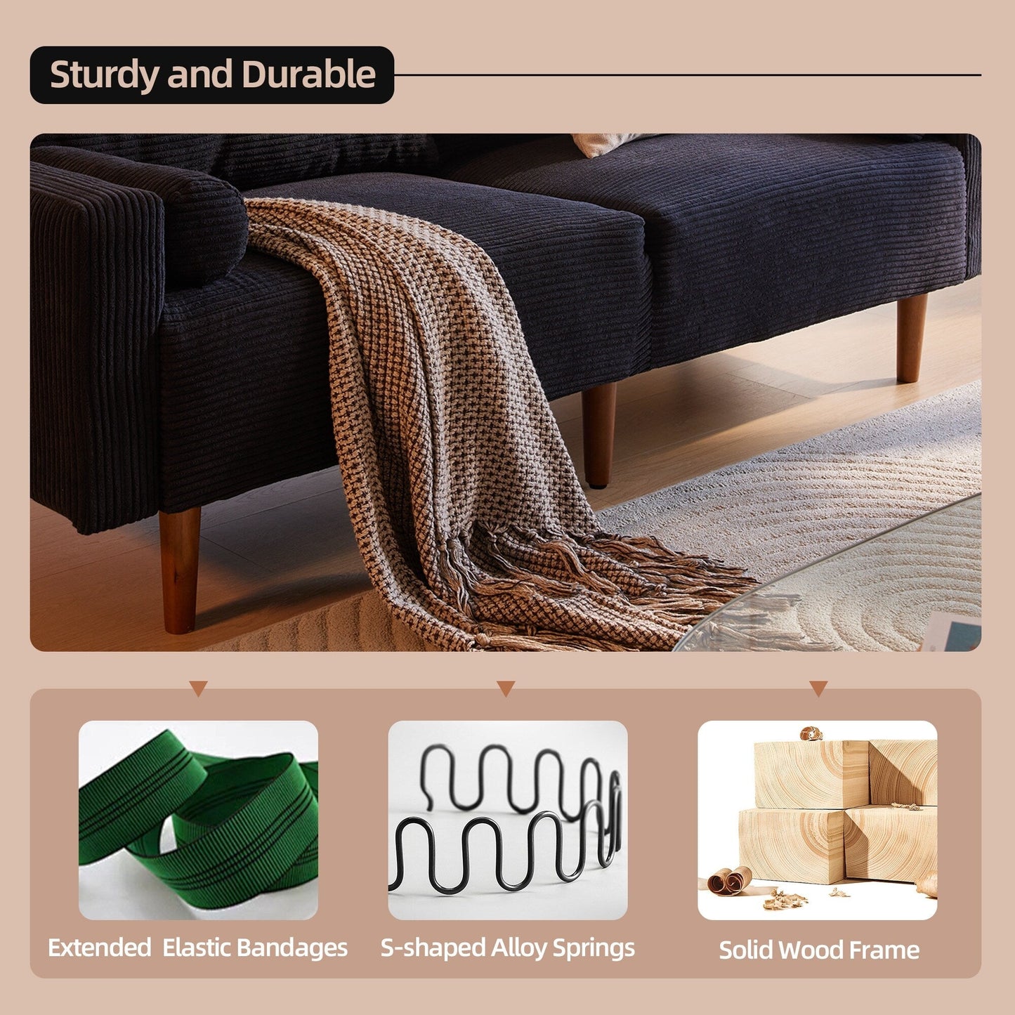 Divano imbottito HOOOWOOO Mid-Century Modern con cuscini arrotolati