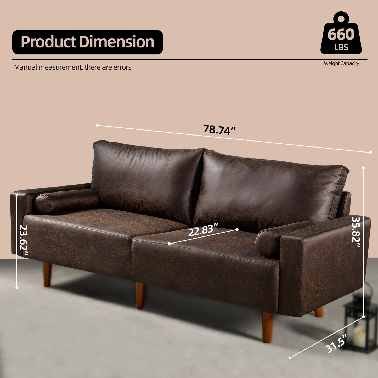 Divano imbottito HOOOWOOO Mid-Century Modern con cuscini arrotolati