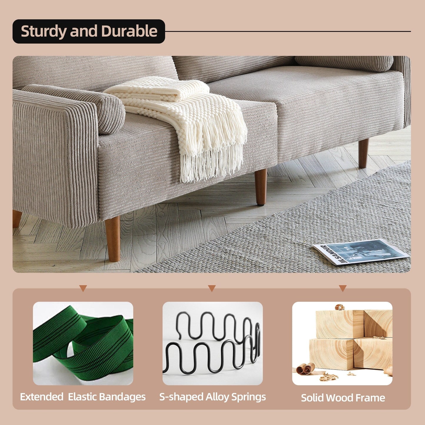 Divano imbottito HOOOWOOO Mid-Century Modern con cuscini arrotolati