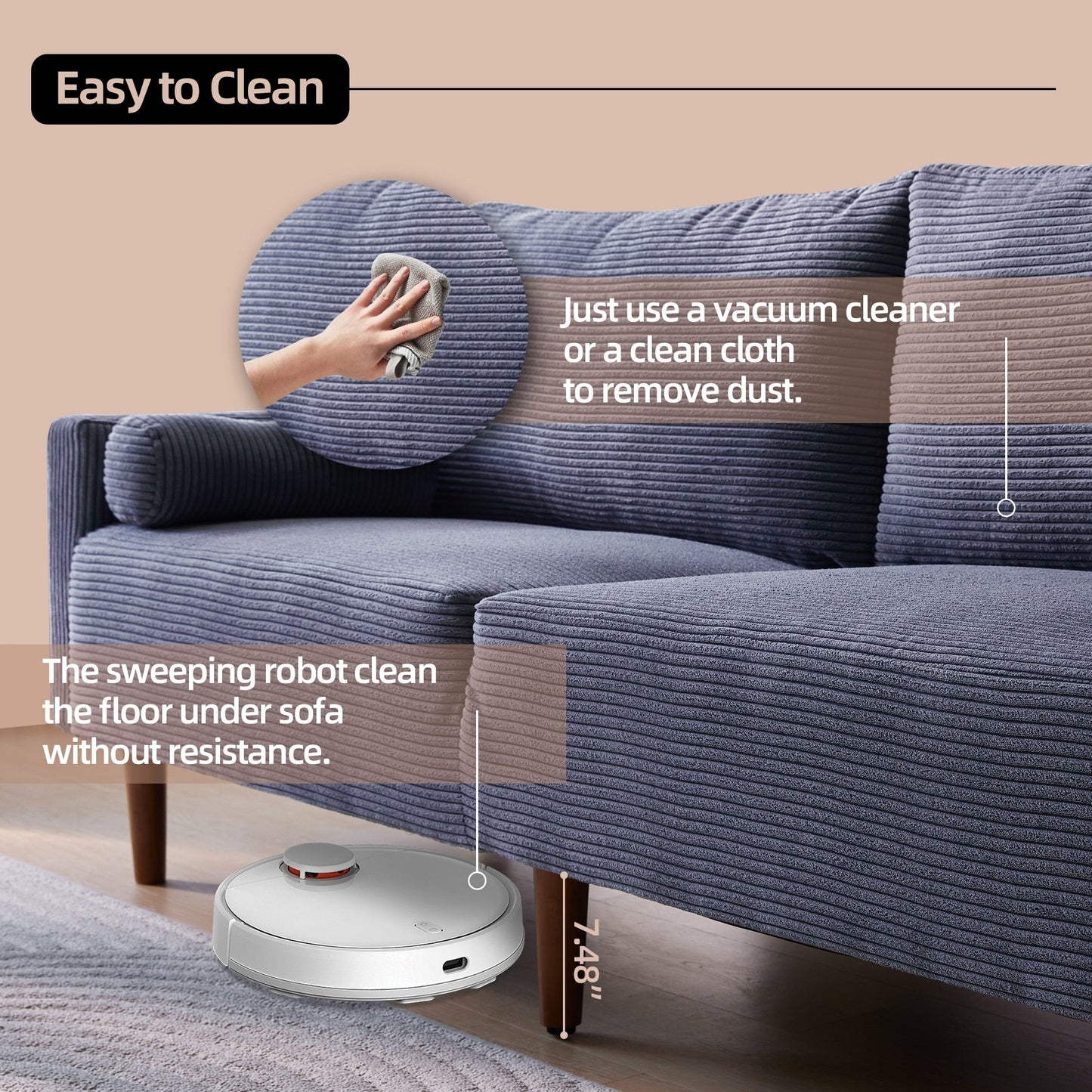 Divano imbottito HOOOWOOO Mid-Century Modern con cuscini arrotolati