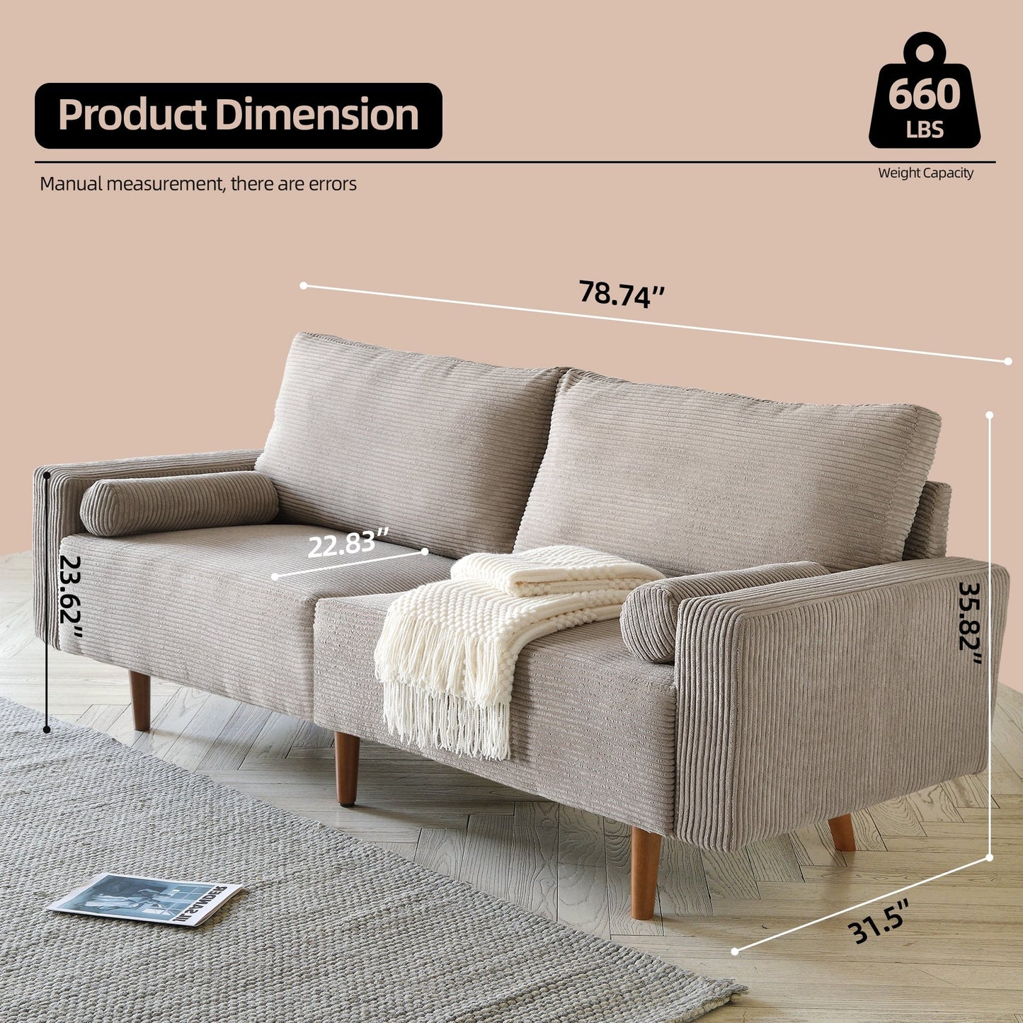 Divano imbottito HOOOWOOO Mid-Century Modern con cuscini arrotolati