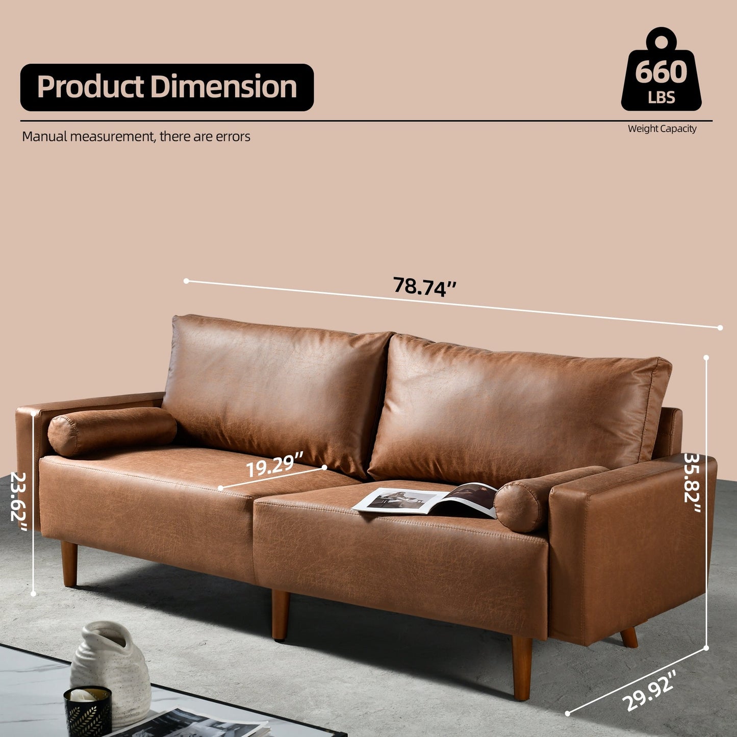 Divano imbottito HOOOWOOO Mid-Century Modern con cuscini arrotolati