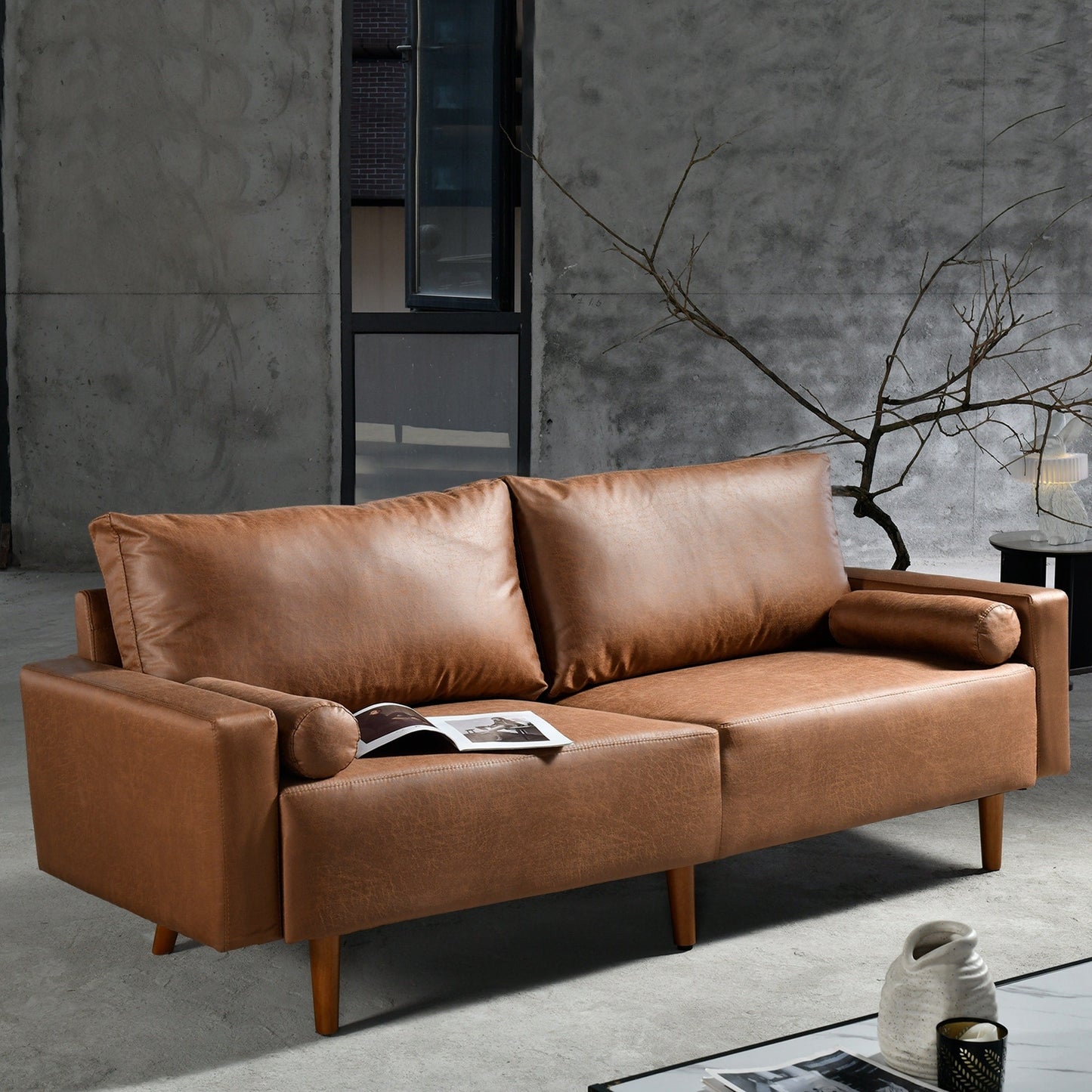 Divano imbottito HOOOWOOO Mid-Century Modern con cuscini arrotolati