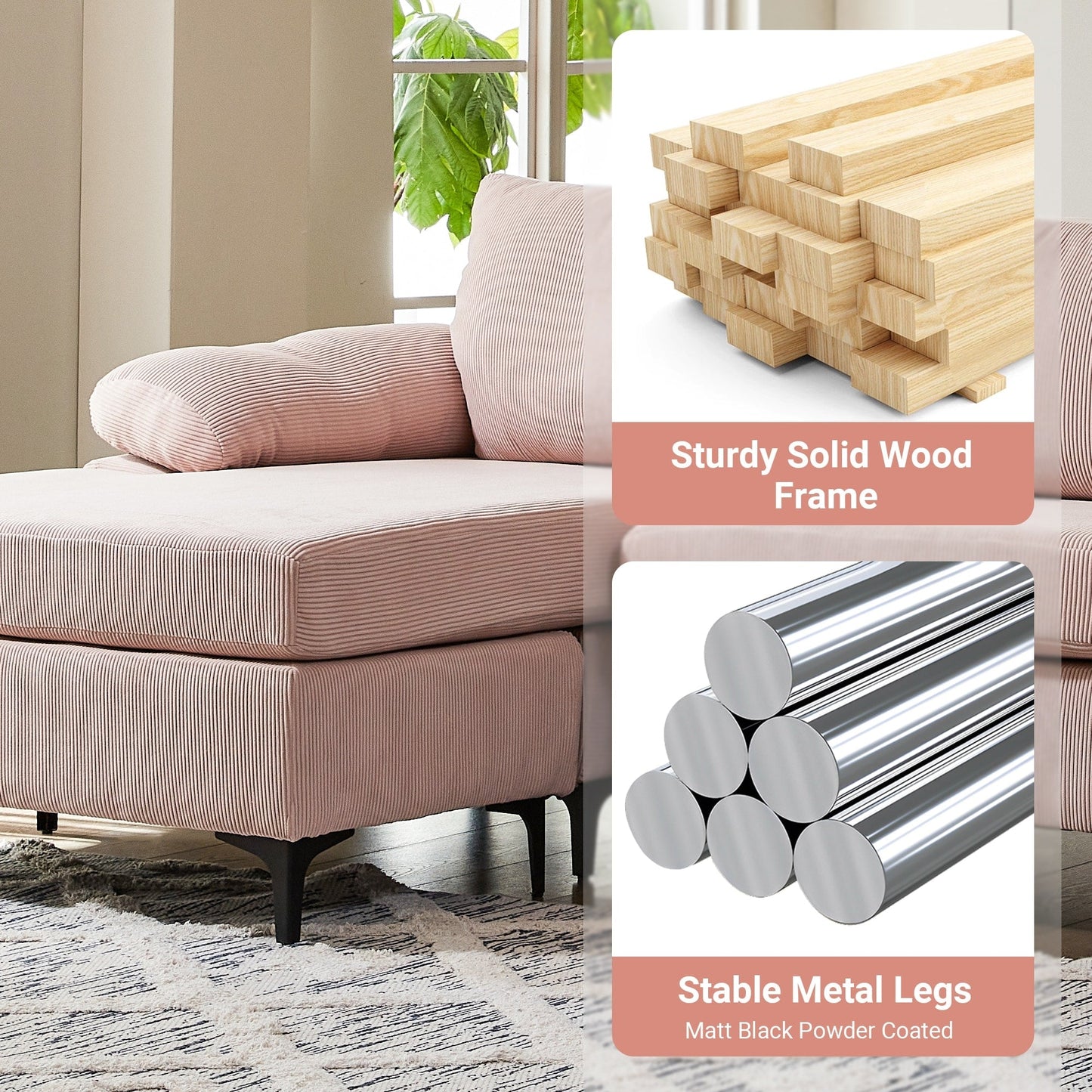 Divano chaise longue moderno convertibile in poliestere HOOOWOOO con gambe in metallo per soggiorno