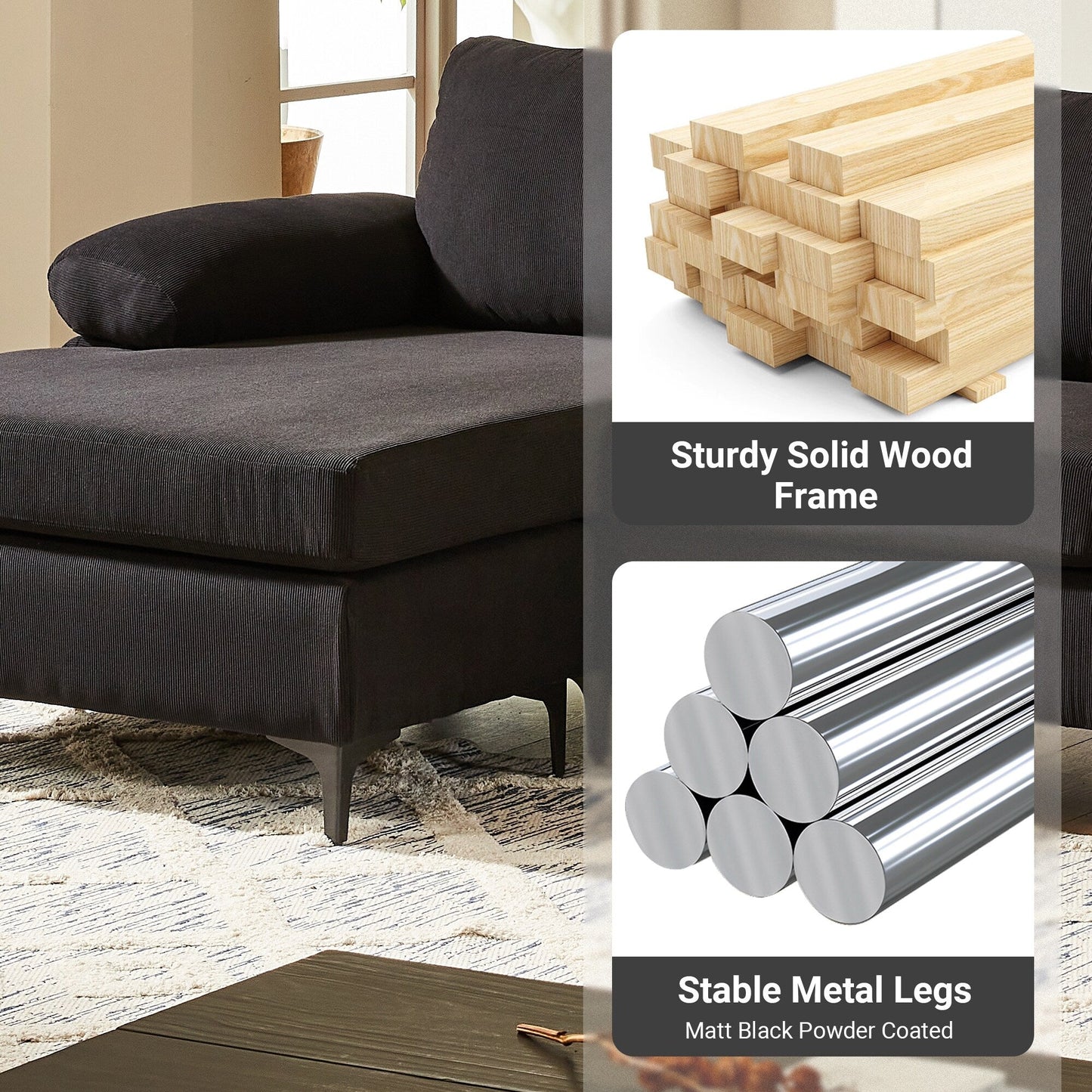 Divano chaise longue moderno convertibile in poliestere HOOOWOOO con gambe in metallo per soggiorno