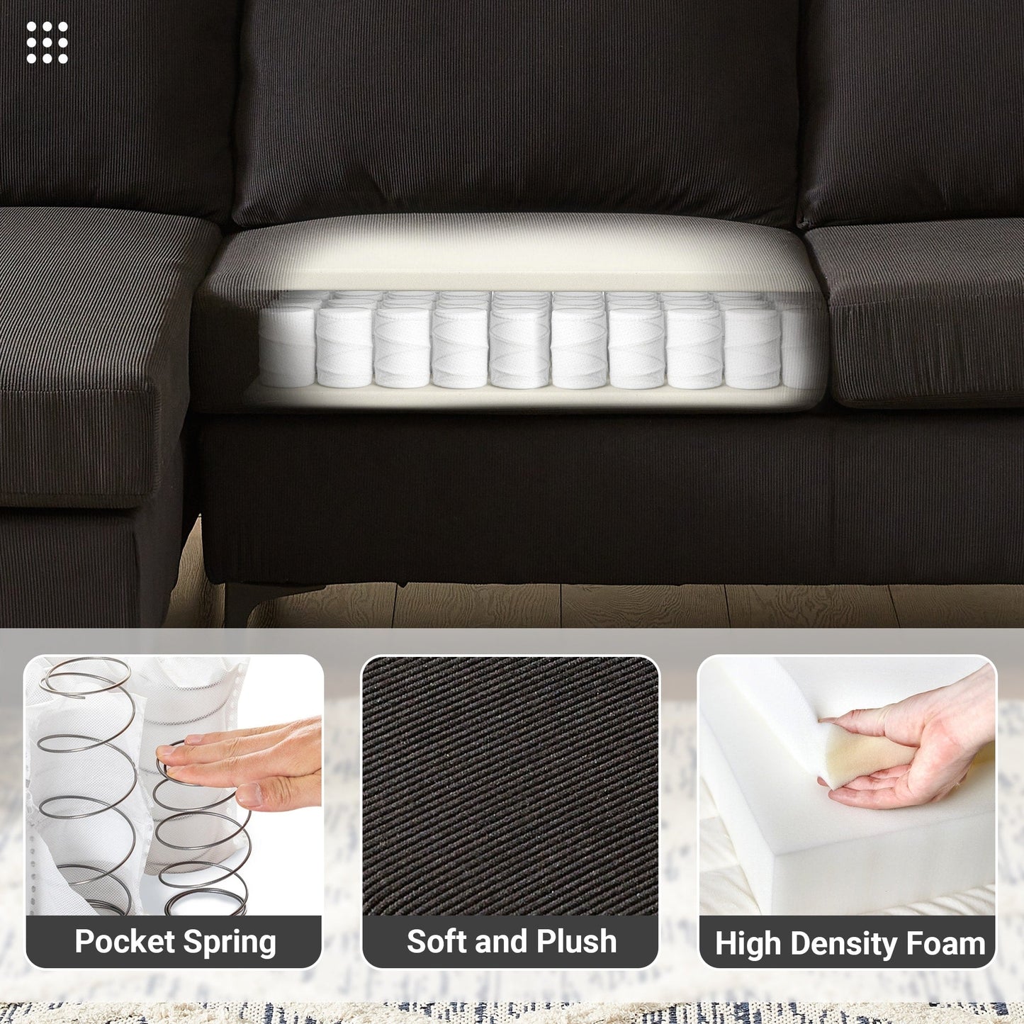 Divano chaise longue moderno convertibile in poliestere HOOOWOOO con gambe in metallo per soggiorno