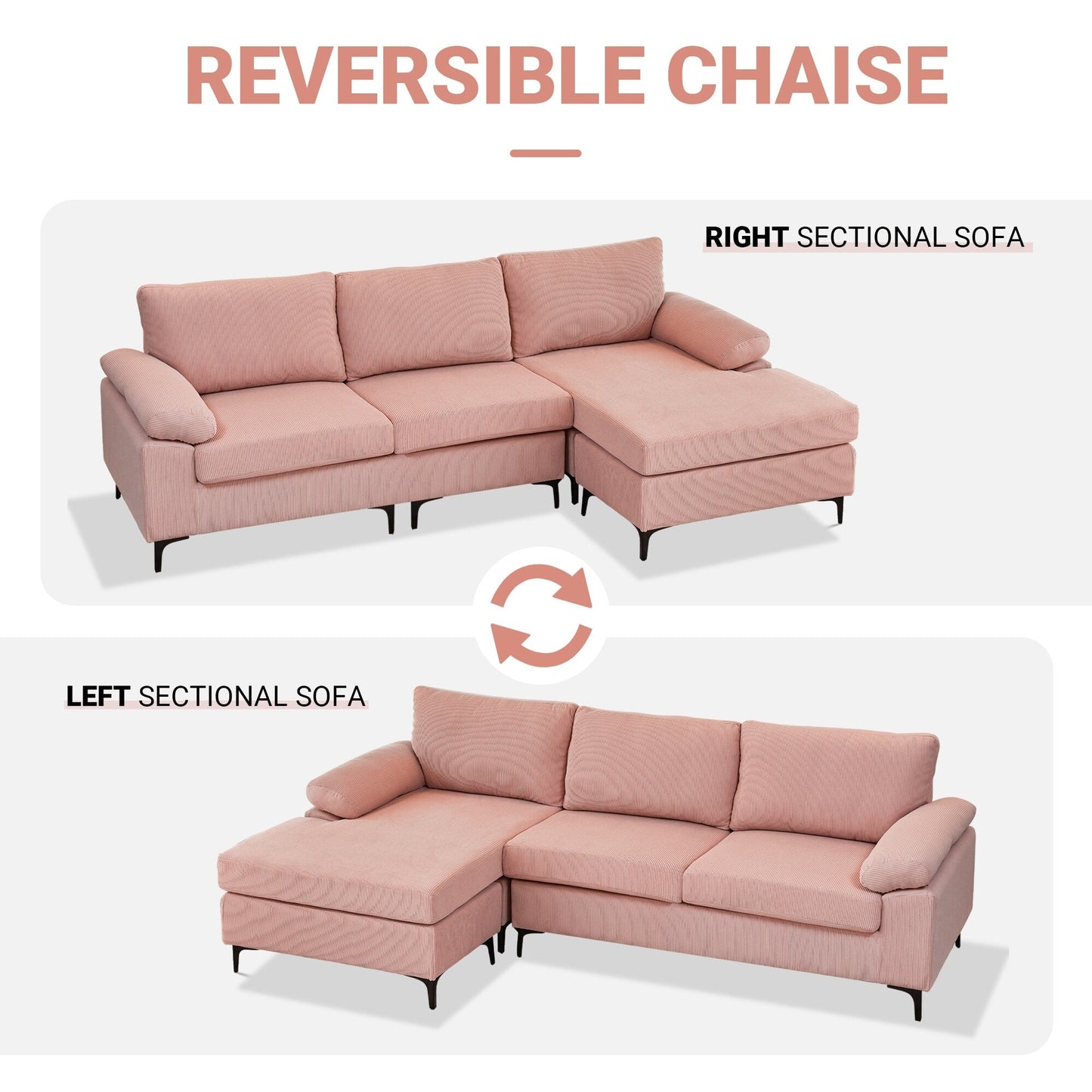 Divano chaise longue moderno convertibile in poliestere HOOOWOOO con gambe in metallo per soggiorno