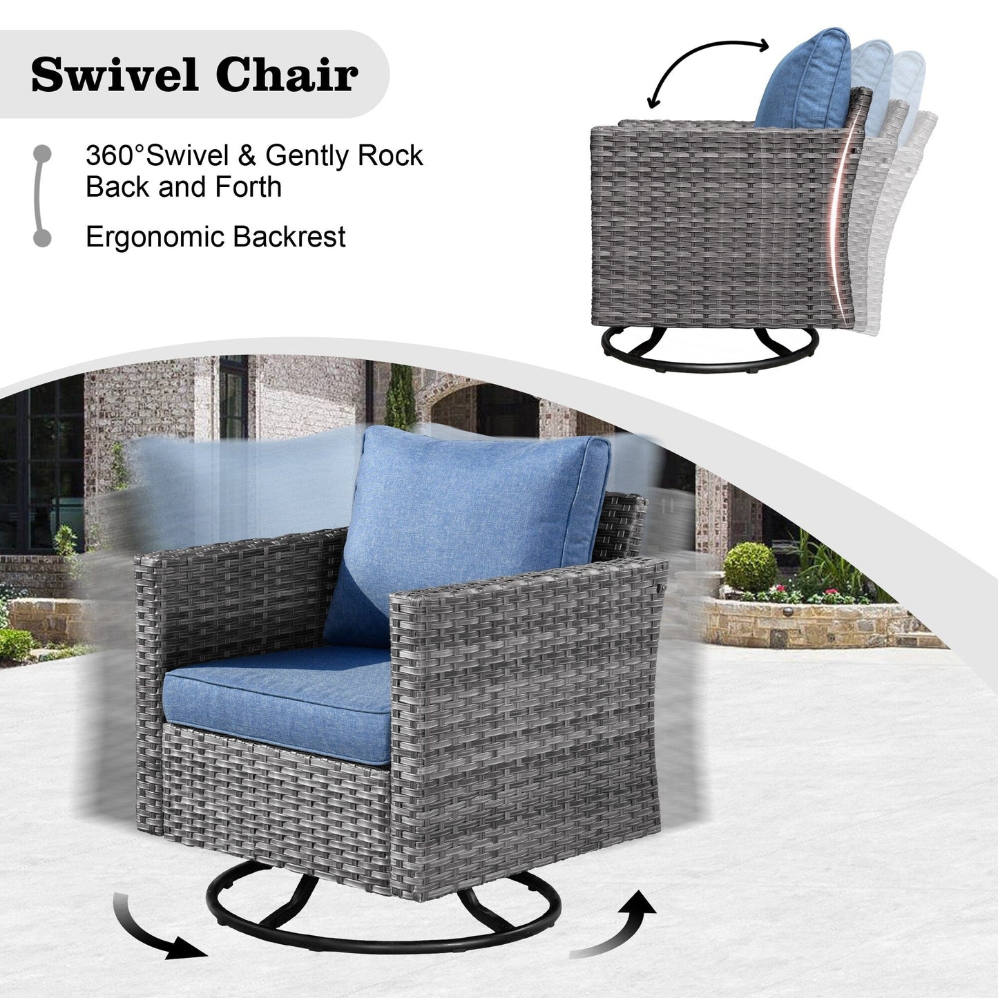 HOOOWOOO Set di mobili da esterno in rattan e vimini da 11 pezzi, sedie girevoli con braciere