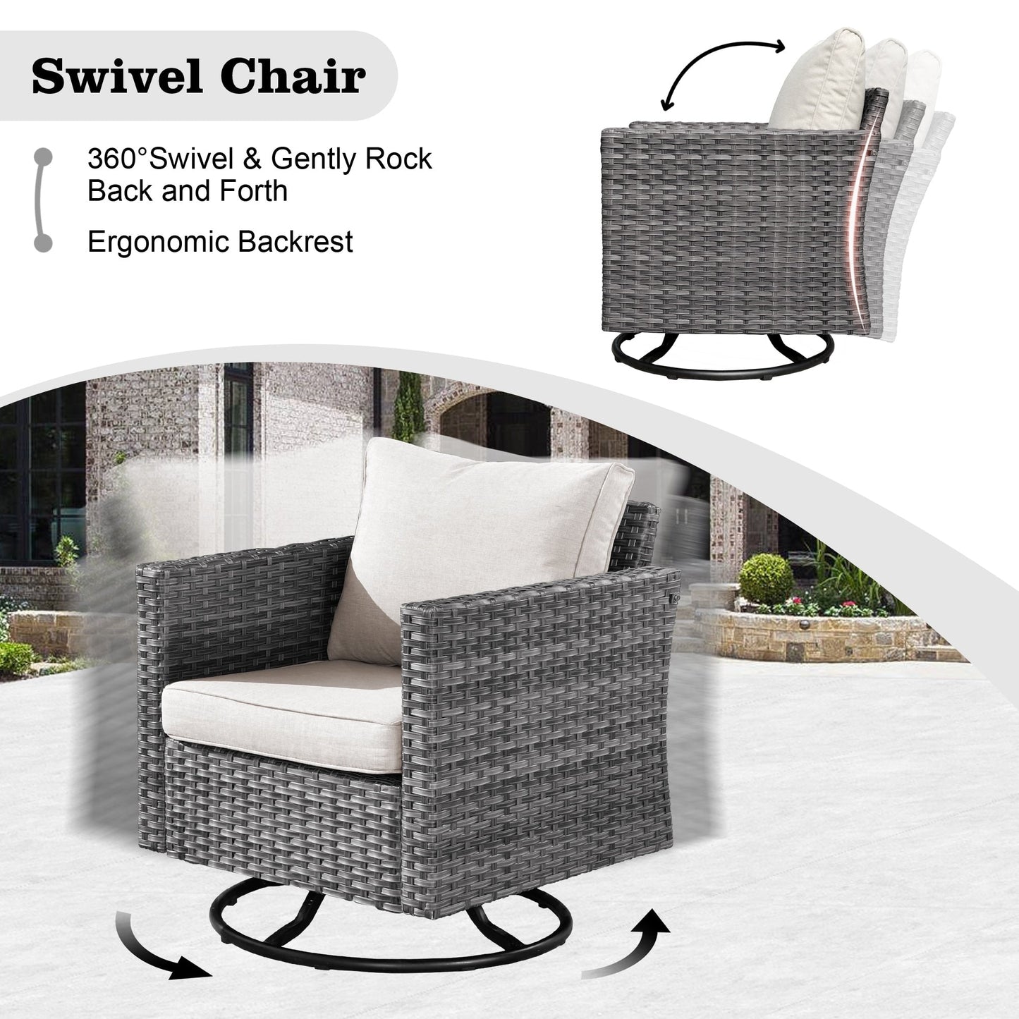 HOOOWOOO Set di mobili da esterno in rattan e vimini da 11 pezzi, sedie girevoli con braciere