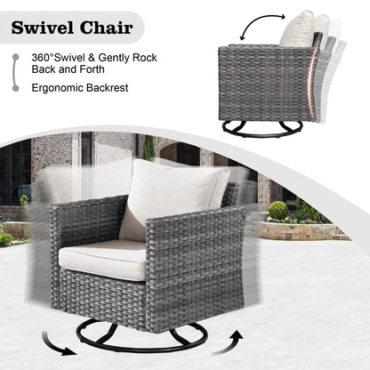 HOOOWOOO Set di mobili da esterno in rattan e vimini da 11 pezzi, sedie girevoli con braciere