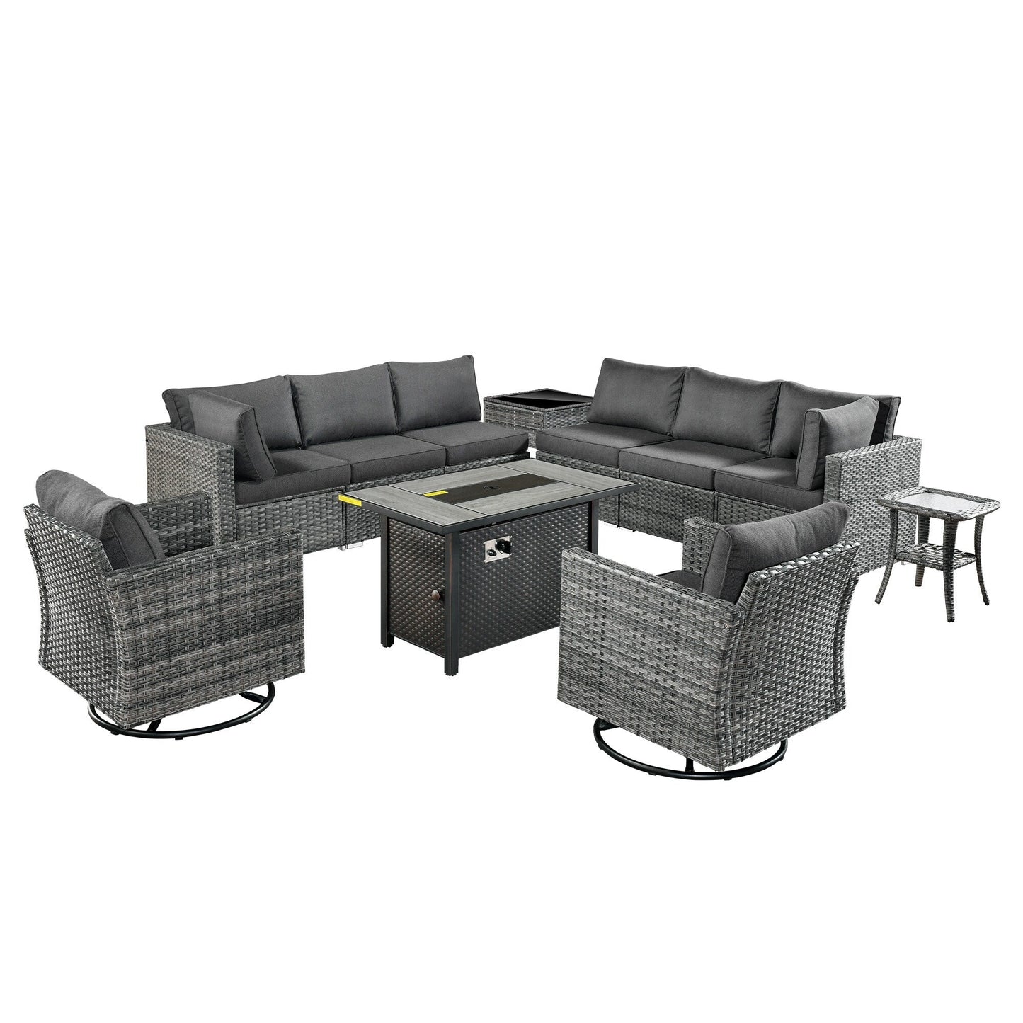 HOOOWOOO Set di mobili da esterno in rattan e vimini da 11 pezzi, sedie girevoli con braciere