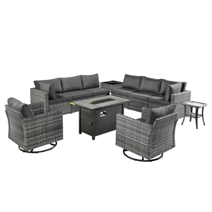 HOOOWOOO Set di mobili da esterno in rattan e vimini da 11 pezzi, sedie girevoli con braciere