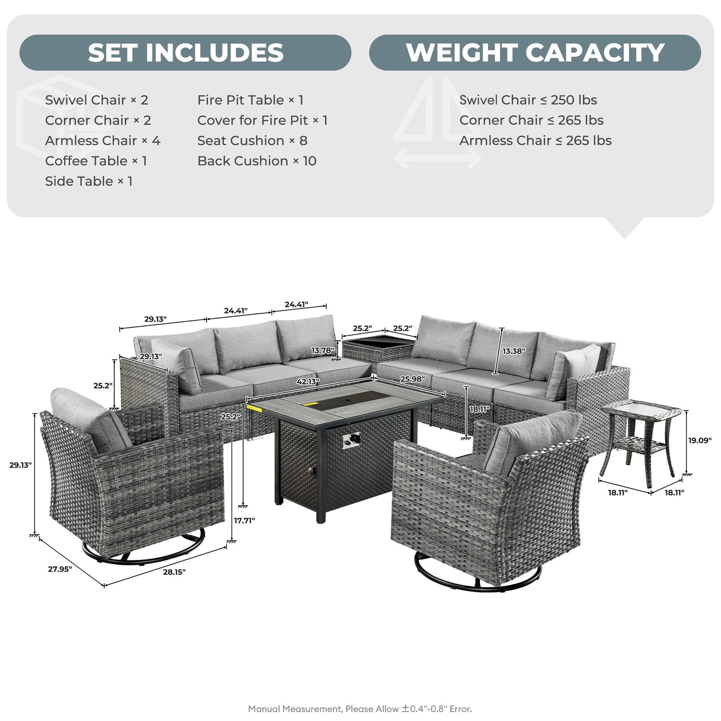 HOOOWOOO Set di mobili da esterno in rattan e vimini da 11 pezzi, sedie girevoli con braciere