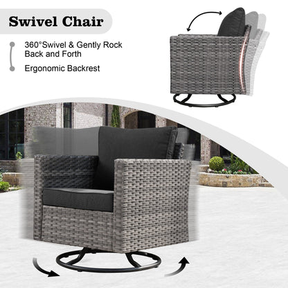 HOOOWOOO Set di mobili da esterno in rattan e vimini da 11 pezzi, sedie girevoli con braciere