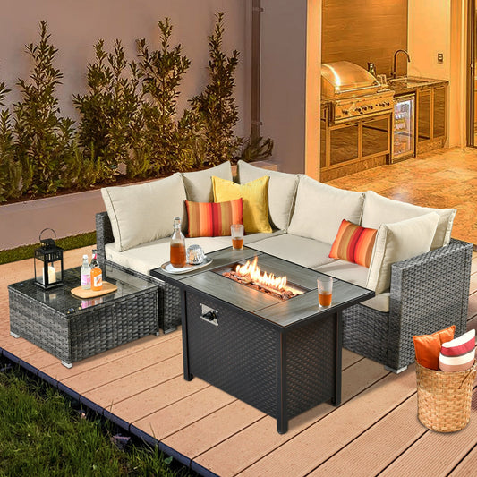 HOOOWOOO Set da 6 pezzi in rattan per patio con tavolo con braciere