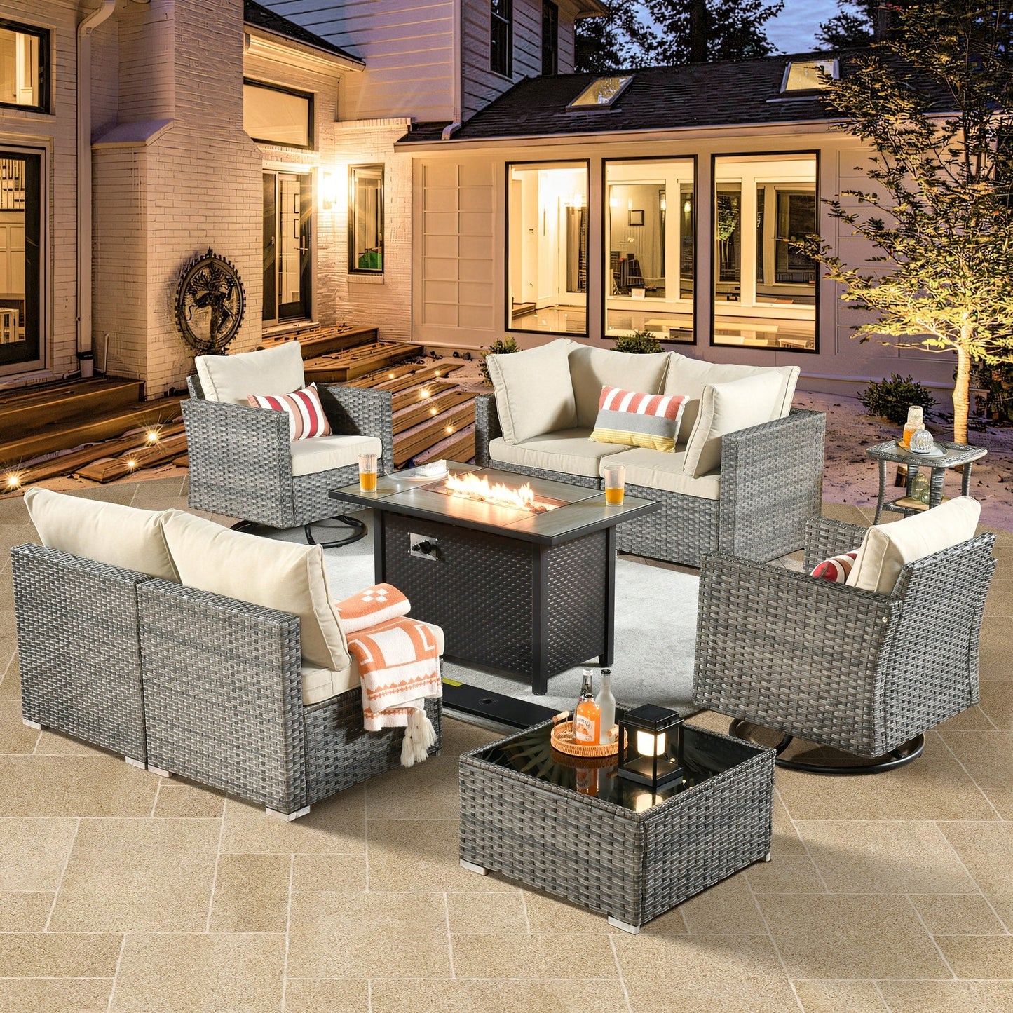 HOOOWOOO Set di 9 mobili da esterno in rattan grigio con braciere e sedie girevoli