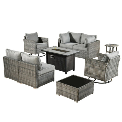 HOOOWOOO Set di 9 mobili da esterno in rattan grigio con braciere e sedie girevoli