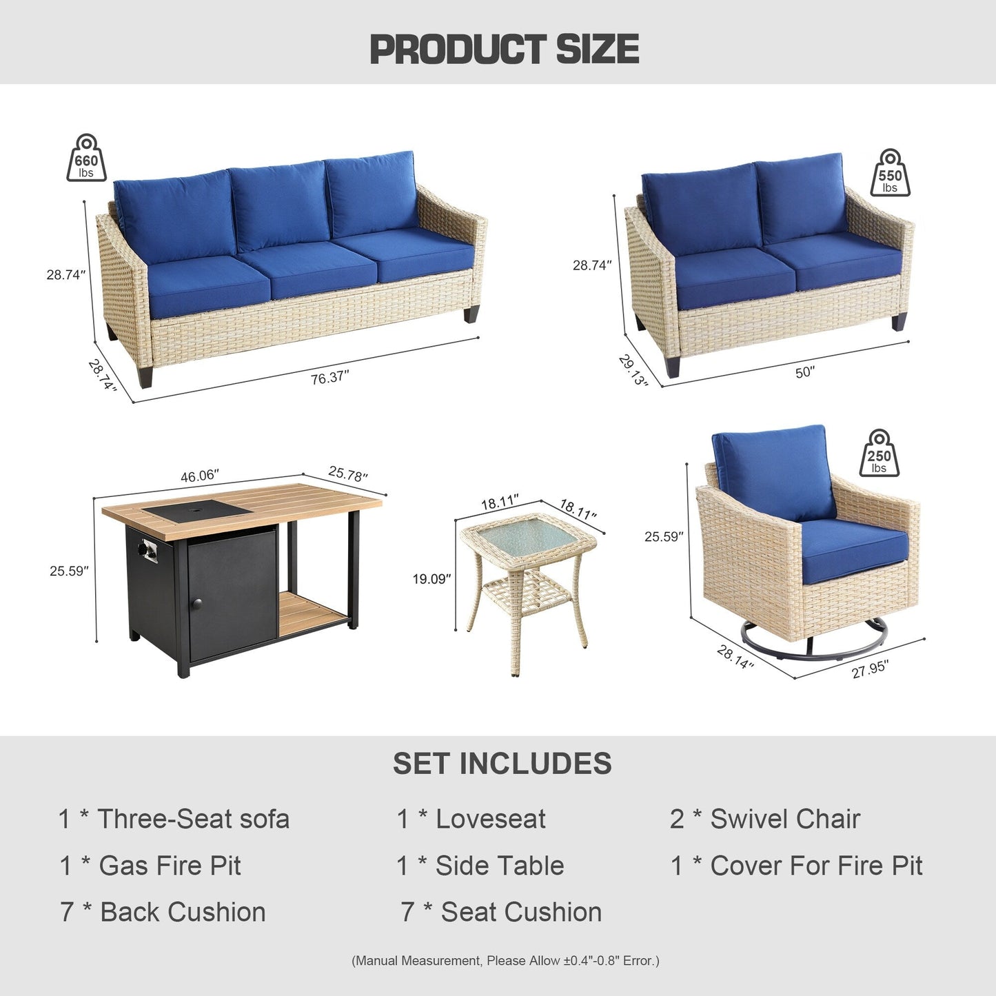 HOOOWOOO Set da 6 pezzi per mobili da esterno in vimini per patio, braciere con sedia a dondolo girevole