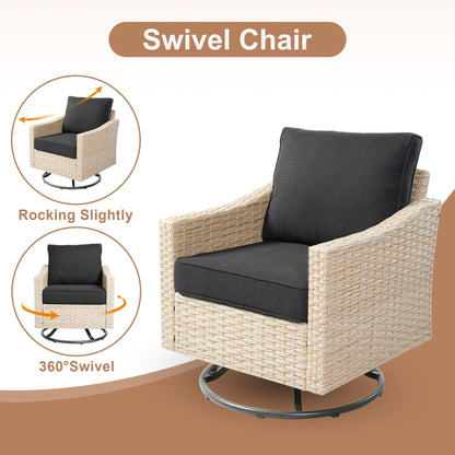 HOOOWOOO Set da 6 pezzi per mobili da esterno in vimini per patio, braciere con sedia a dondolo girevole