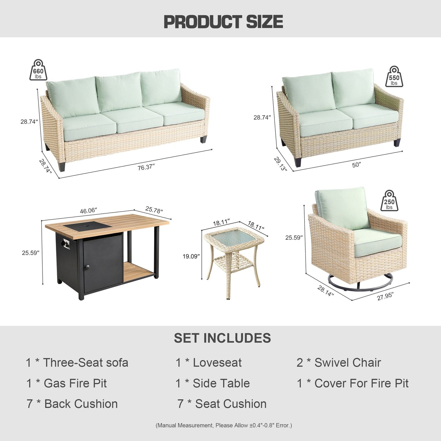 HOOOWOOO Set da 6 pezzi per mobili da esterno in vimini per patio, braciere con sedia a dondolo girevole