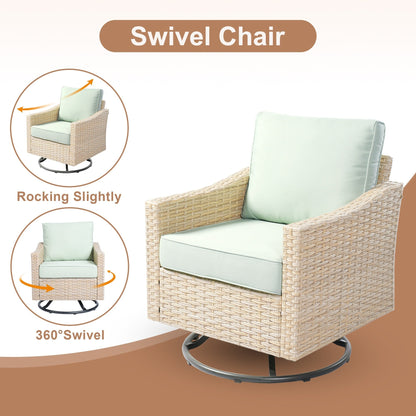 HOOOWOOO Set da 6 pezzi per mobili da esterno in vimini per patio, braciere con sedia a dondolo girevole