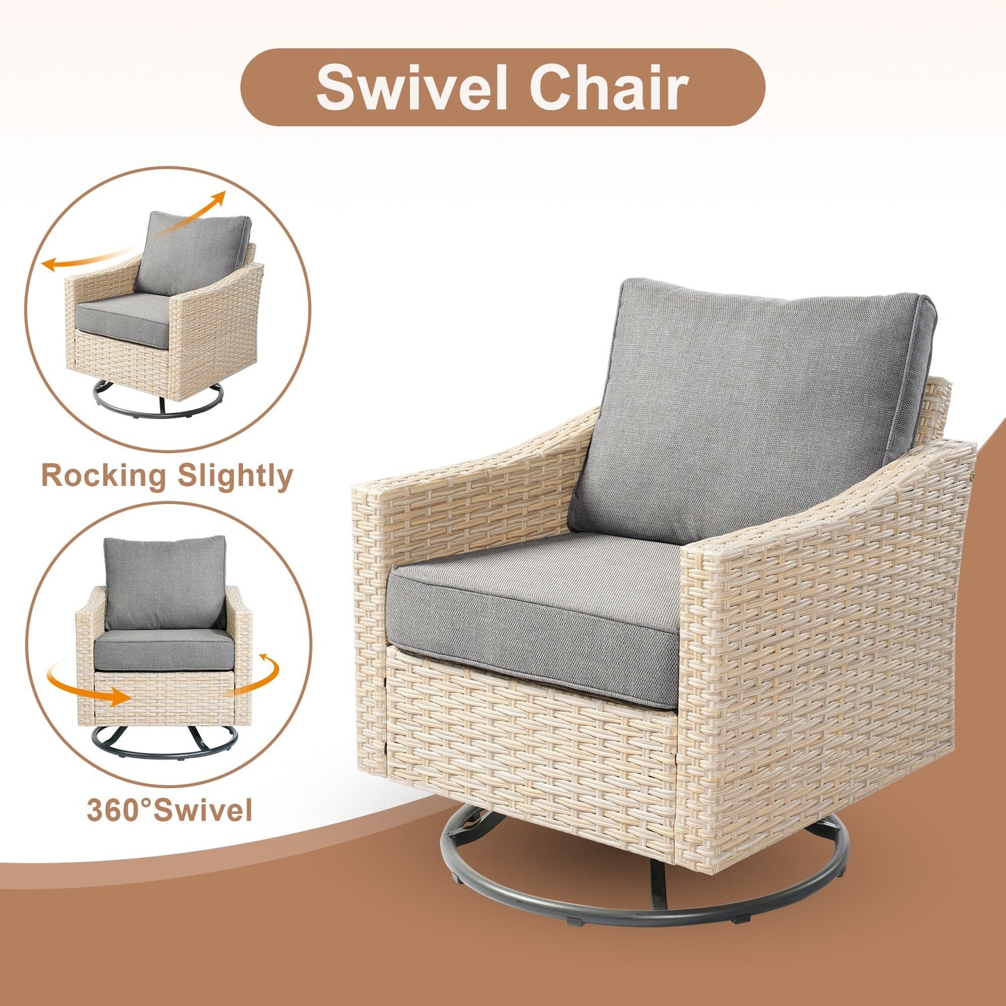 HOOOWOOO Set da 6 pezzi per mobili da esterno in vimini per patio, braciere con sedia a dondolo girevole