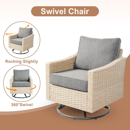 HOOOWOOO Set da 6 pezzi per mobili da esterno in vimini per patio, braciere con sedia a dondolo girevole